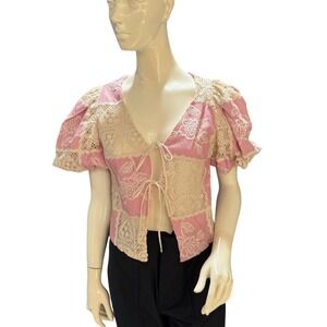Sofie the Label Pink Lace Patchwork Tie-Front Crop Top | S